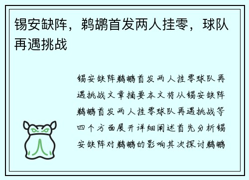 锡安缺阵，鹈鹕首发两人挂零，球队再遇挑战